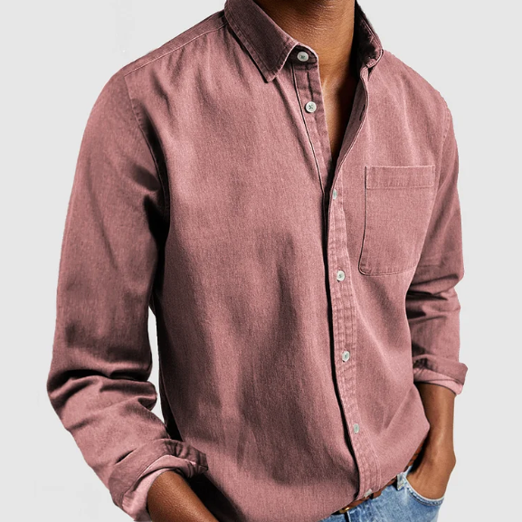 Dusty pink denim shirt with buttoned front and rolled sleeves