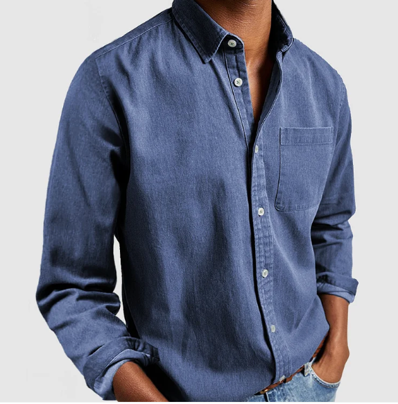Mid-blue denim button shirt with classic collar and chest pocket