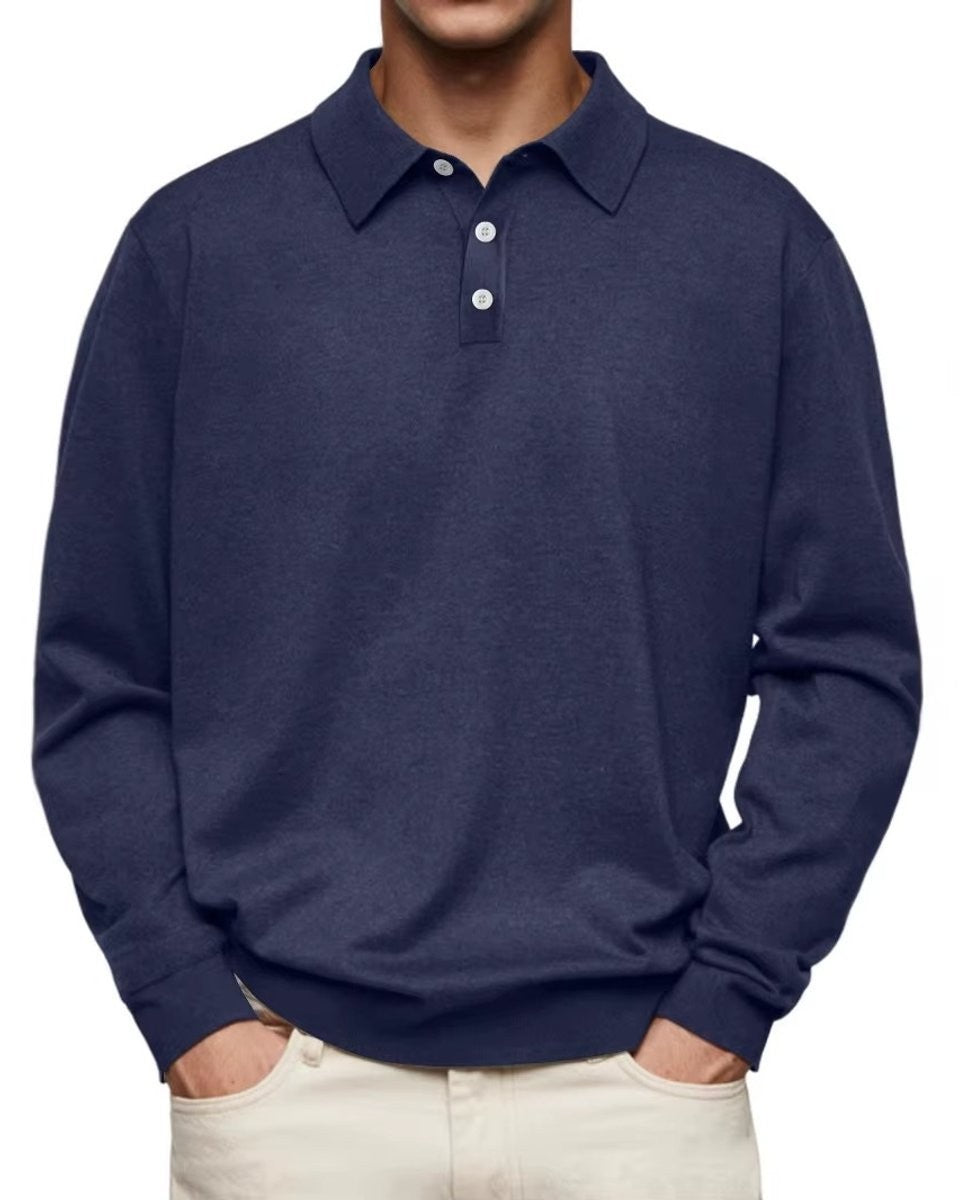 Navy long-sleeve polo sweatshirt with button placket, worn by man in cream jeans