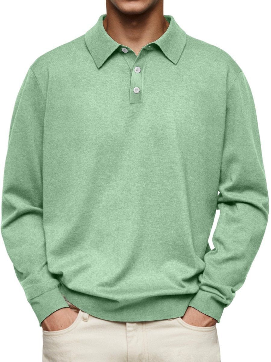 Mint green long-sleeve polo sweatshirt with ribbed hem and cuffs