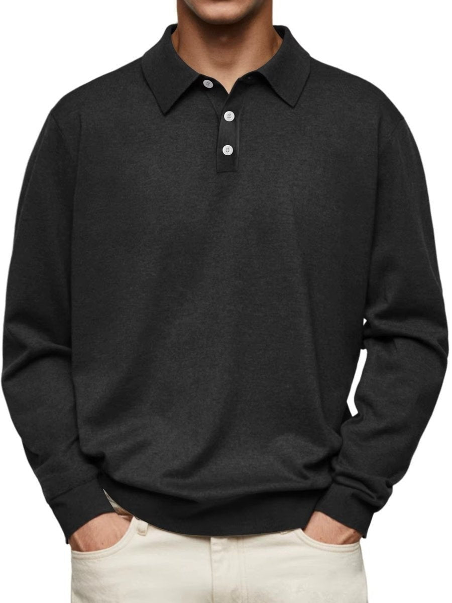 Charcoal long-sleeve button-placket polo sweatshirt in a classic fit