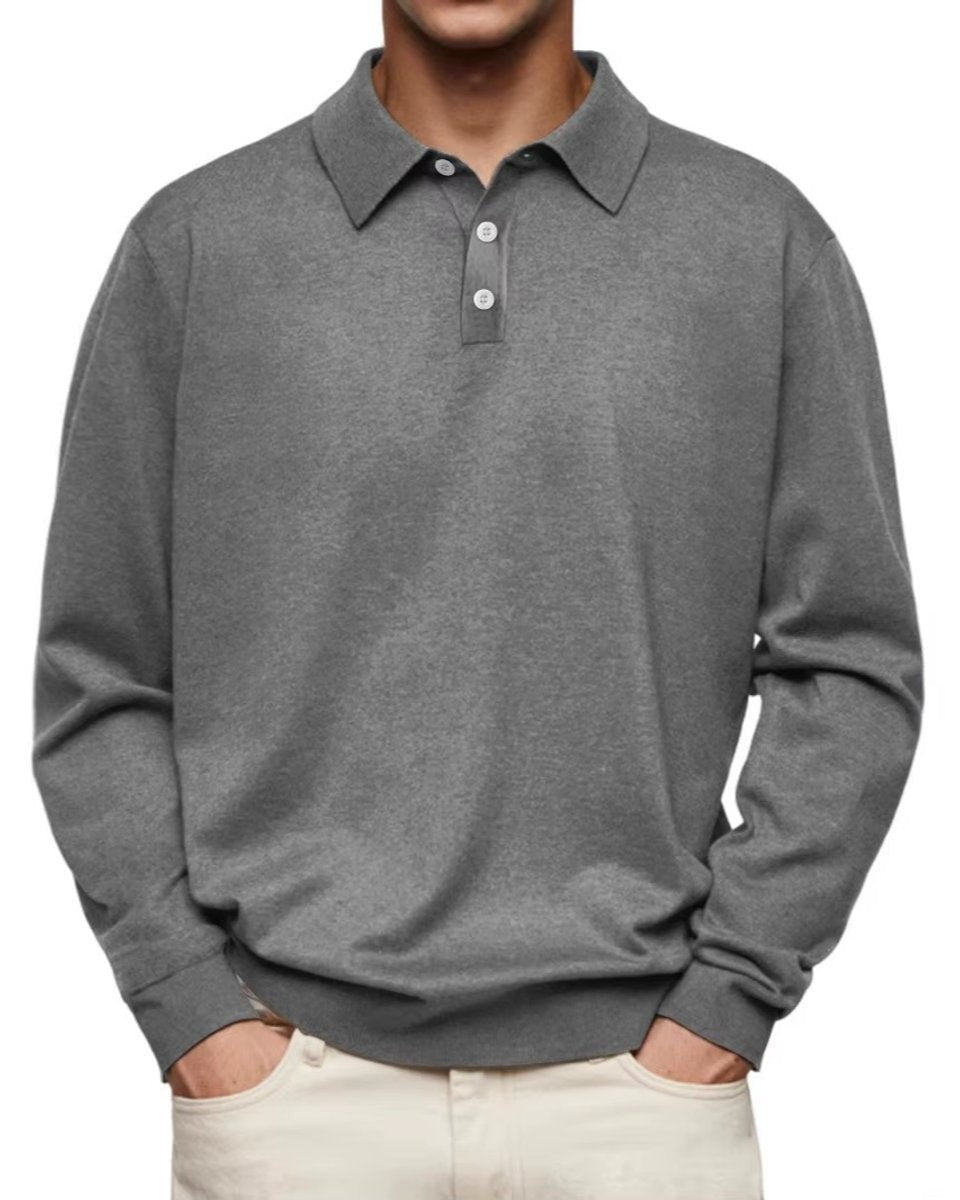 Grey marl long-sleeve polo sweatshirt with collared button neckline