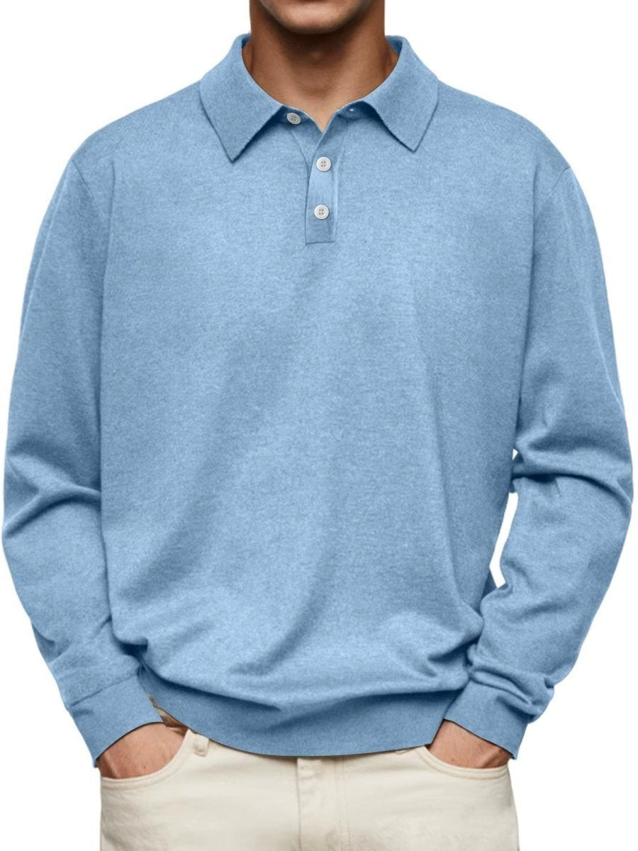 Sky blue long-sleeve polo sweatshirt featuring a ribbed hem and cuffs