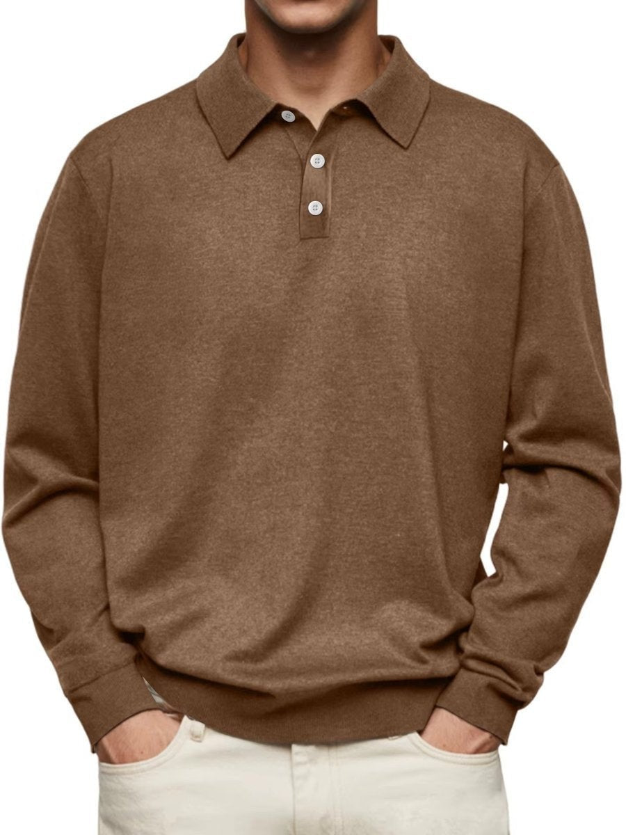 Camel brown long-sleeve button-placket polo sweatshirt in classic fit