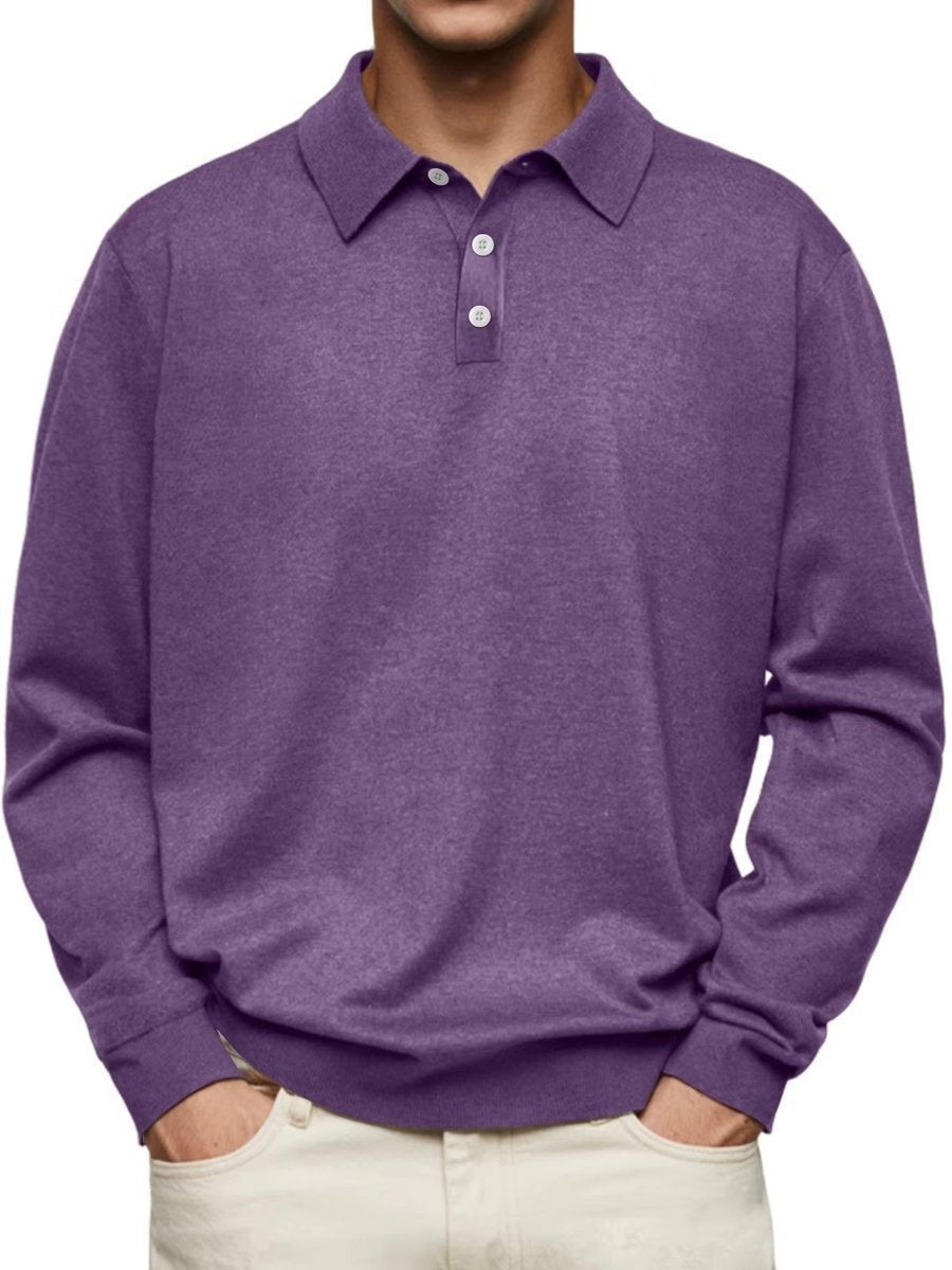 Purple long-sleeve polo sweatshirt with collared neckline and button placket