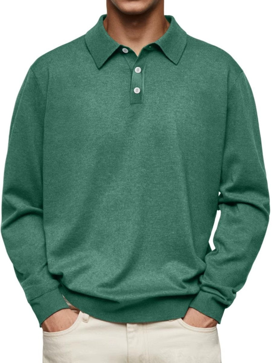 Sage green long-sleeve polo sweatshirt with ribbed cuffs and collar
