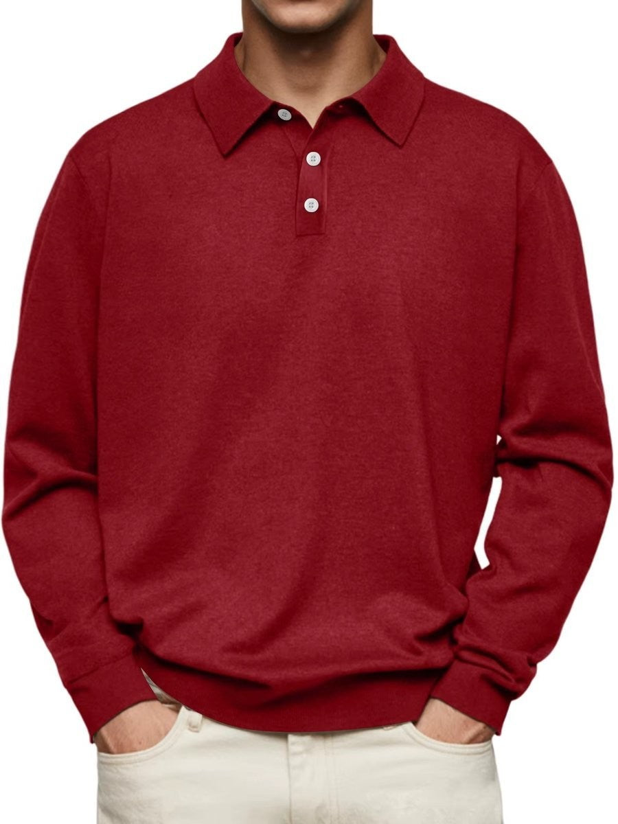 Deep red long-sleeve button-placket polo sweatshirt in classic fit