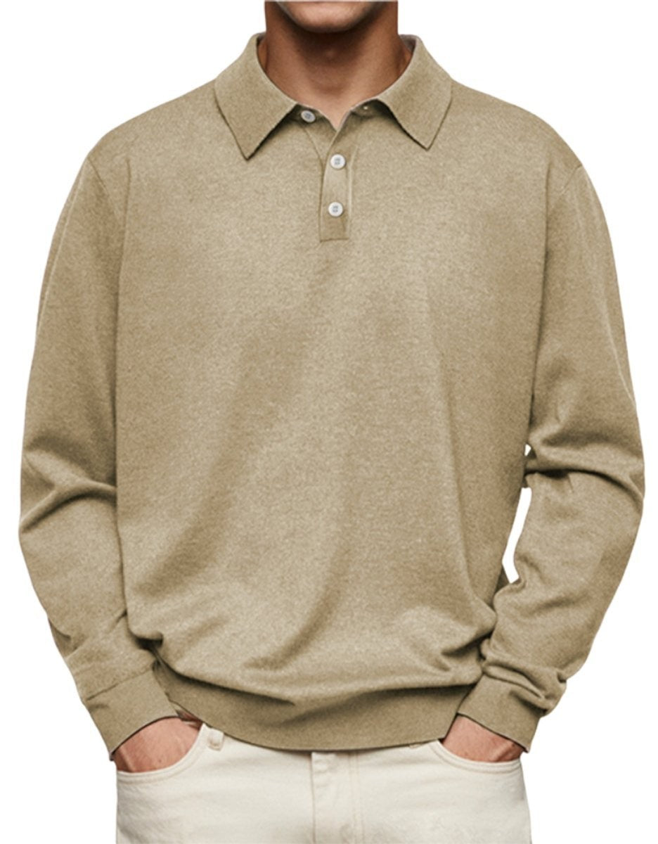 Beige long-sleeve polo sweatshirt with collared button-front neckline