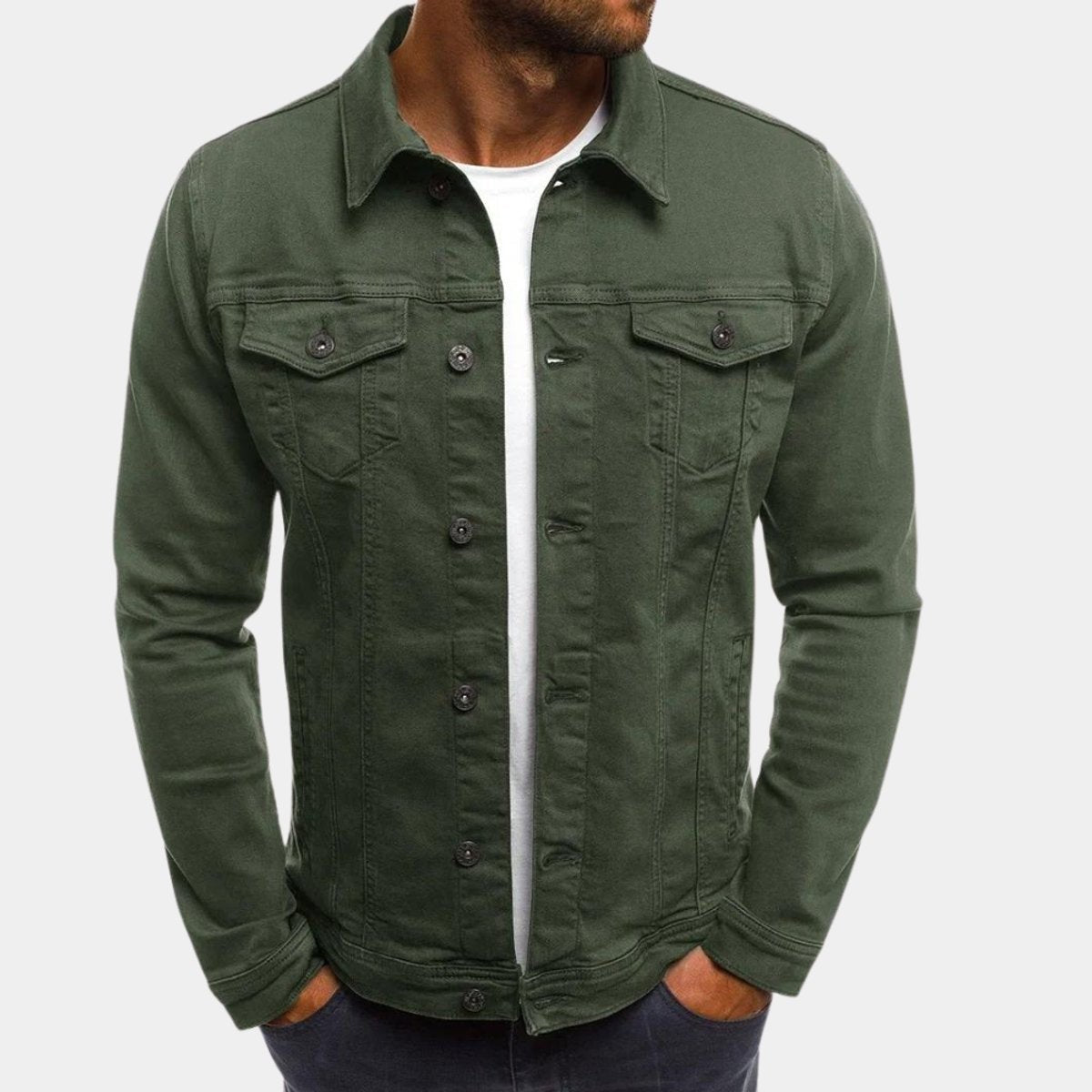 Olive green denim jacket with button front and twin chest pockets