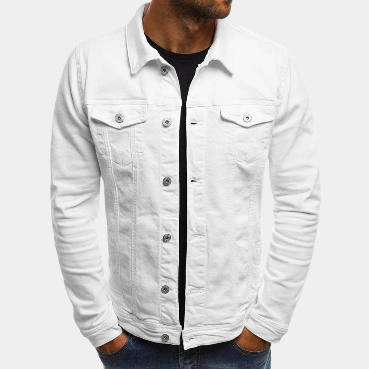 White denim jacket with classic collar and button-up front detailing