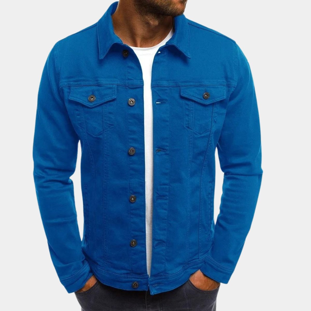 Bright blue denim jacket featuring button front and flap chest pockets