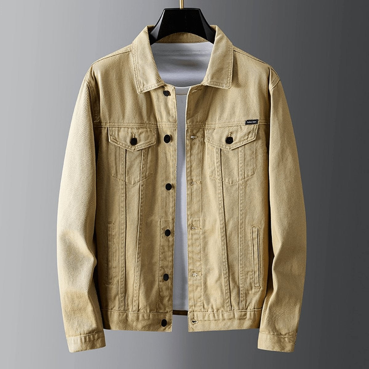 Khaki denim jacket with flap chest pockets and turn-down collar, front view