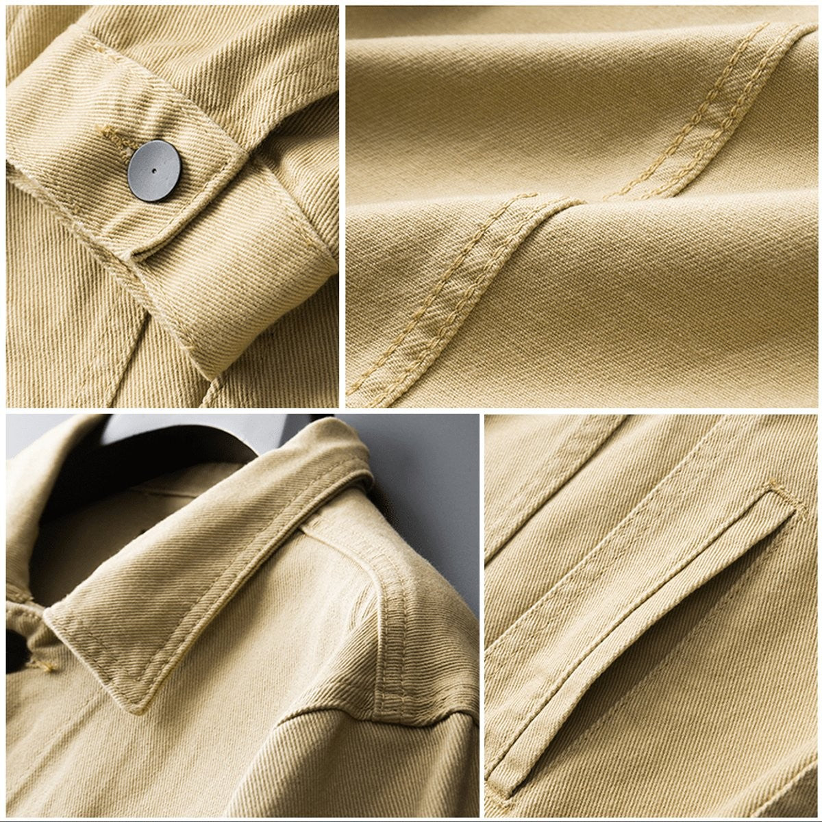 Close-up details of khaki denim jacket showing stitching, buttons and pockets