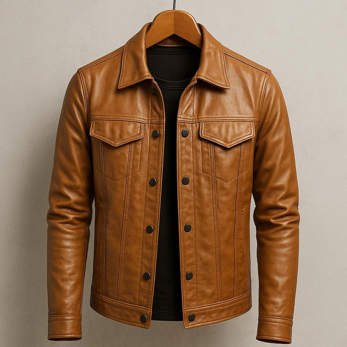 Tan leather trucker jacket with snap buttons hanging on wooden hanger