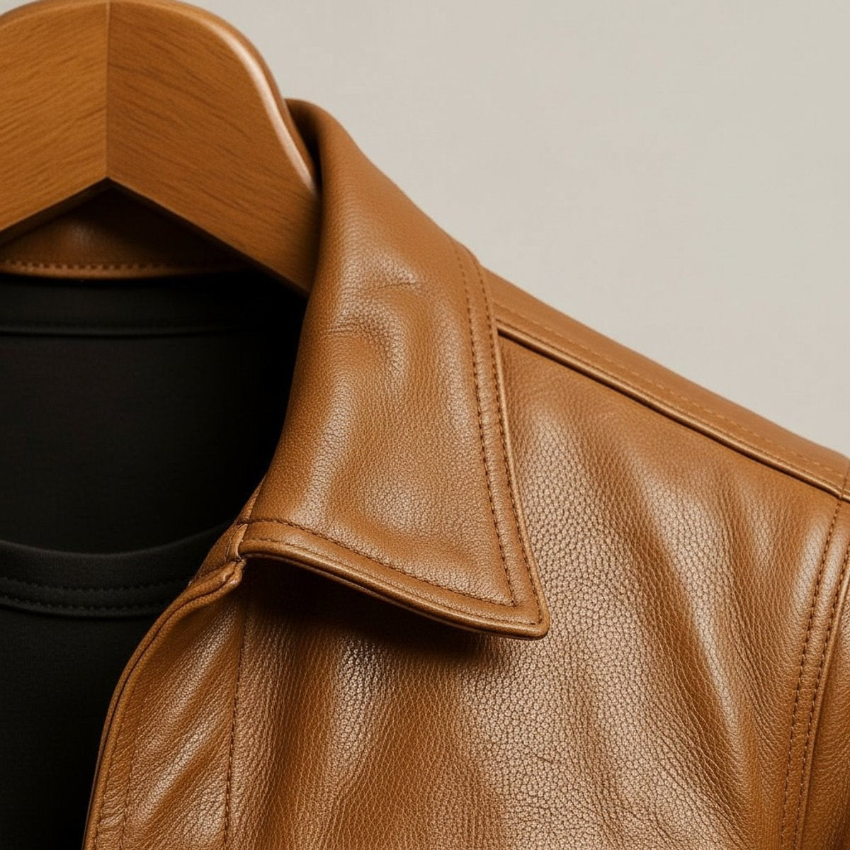 Detail of tan leather jacket collar showing textured grain finish