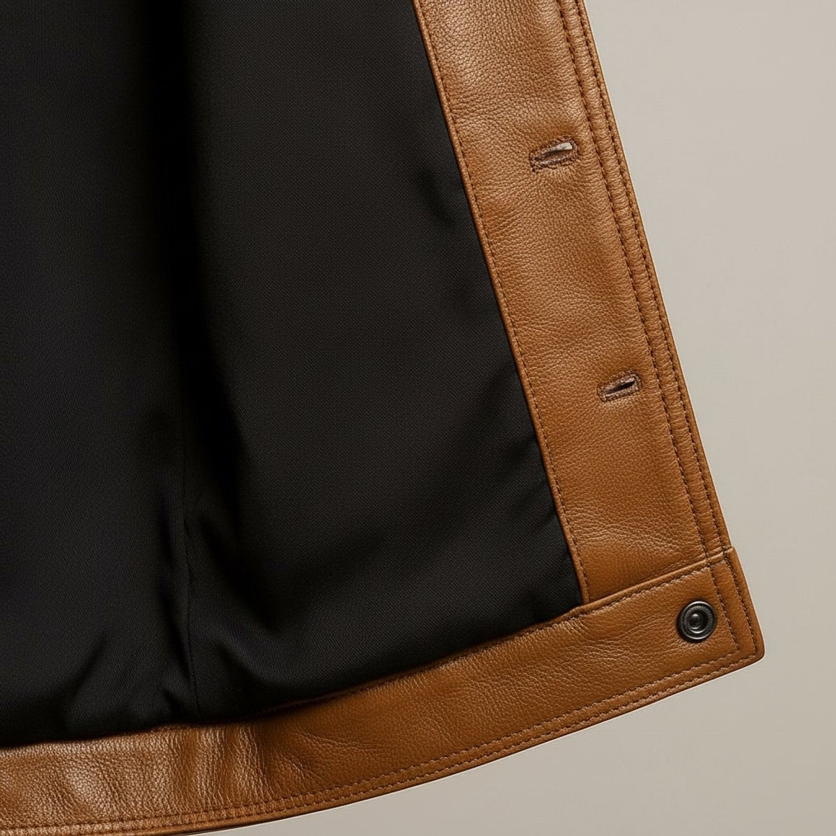 Close-up of jacket hem showing leather trim and black lining