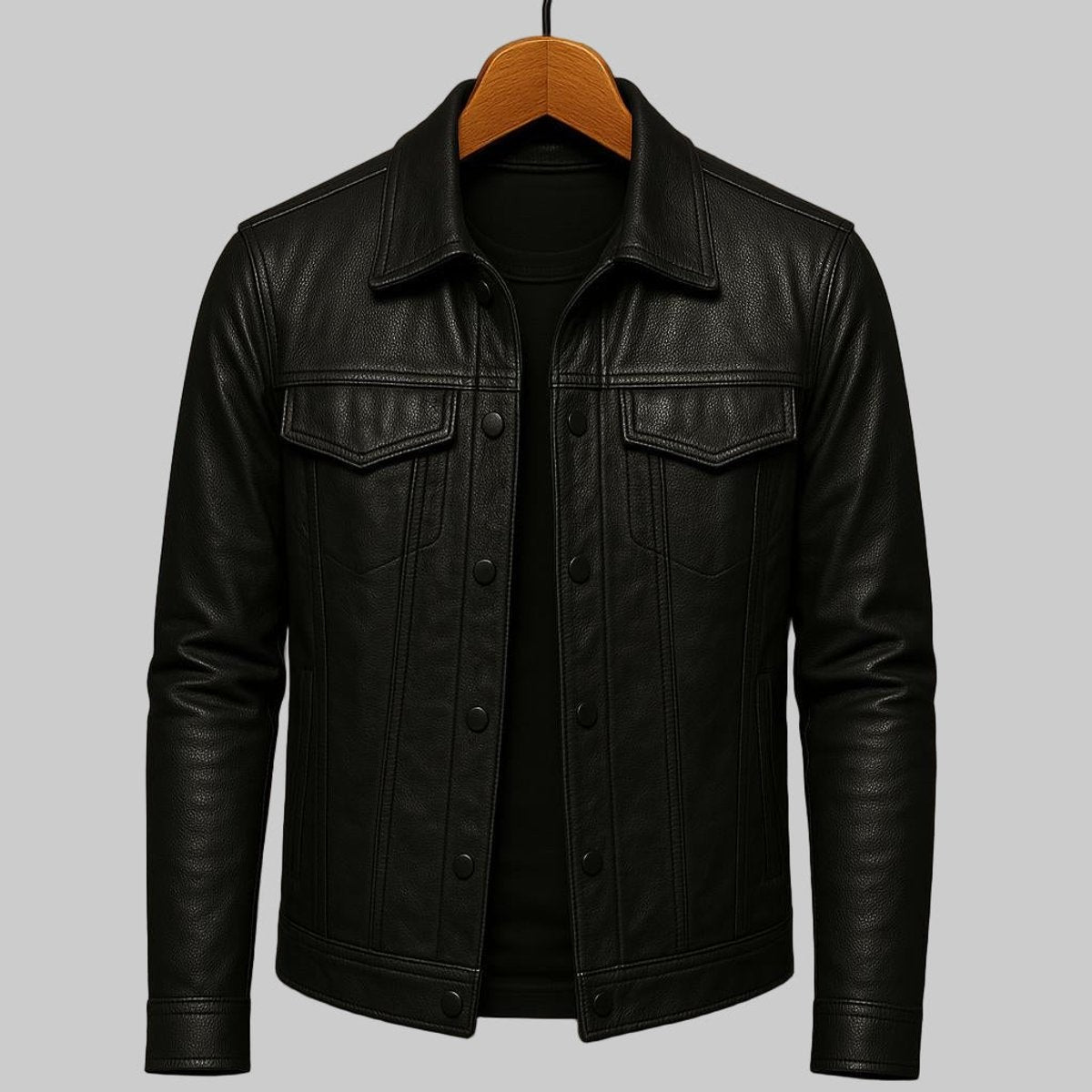 Black leather trucker jacket with snap closure hanging on wooden hanger