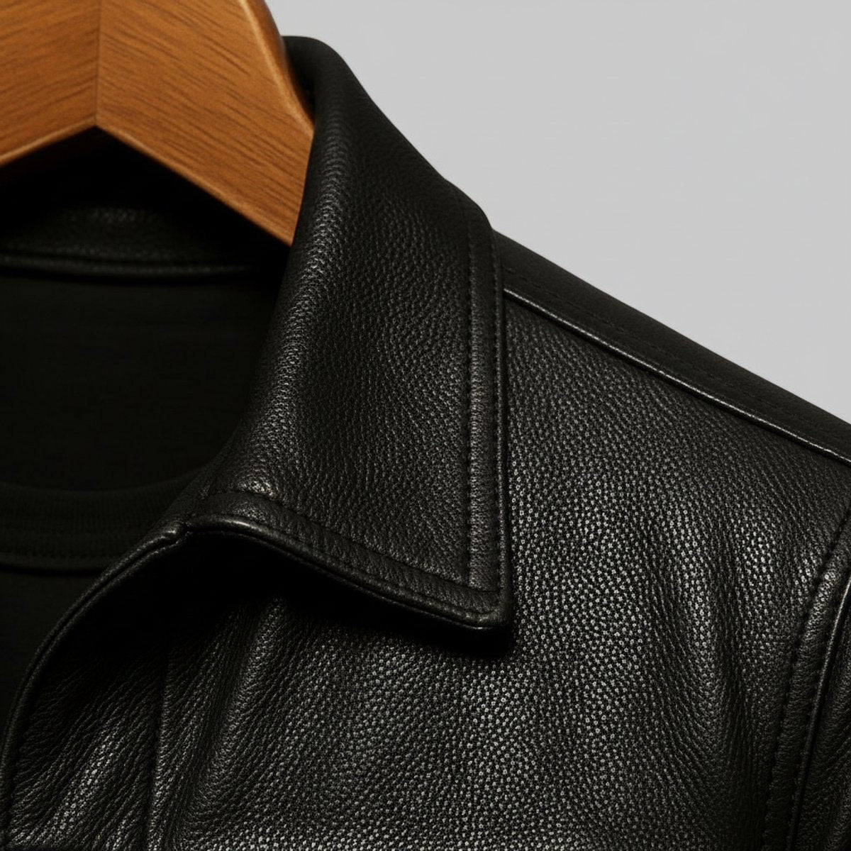 Close-up of black leather jacket collar highlighting pebbled texture
