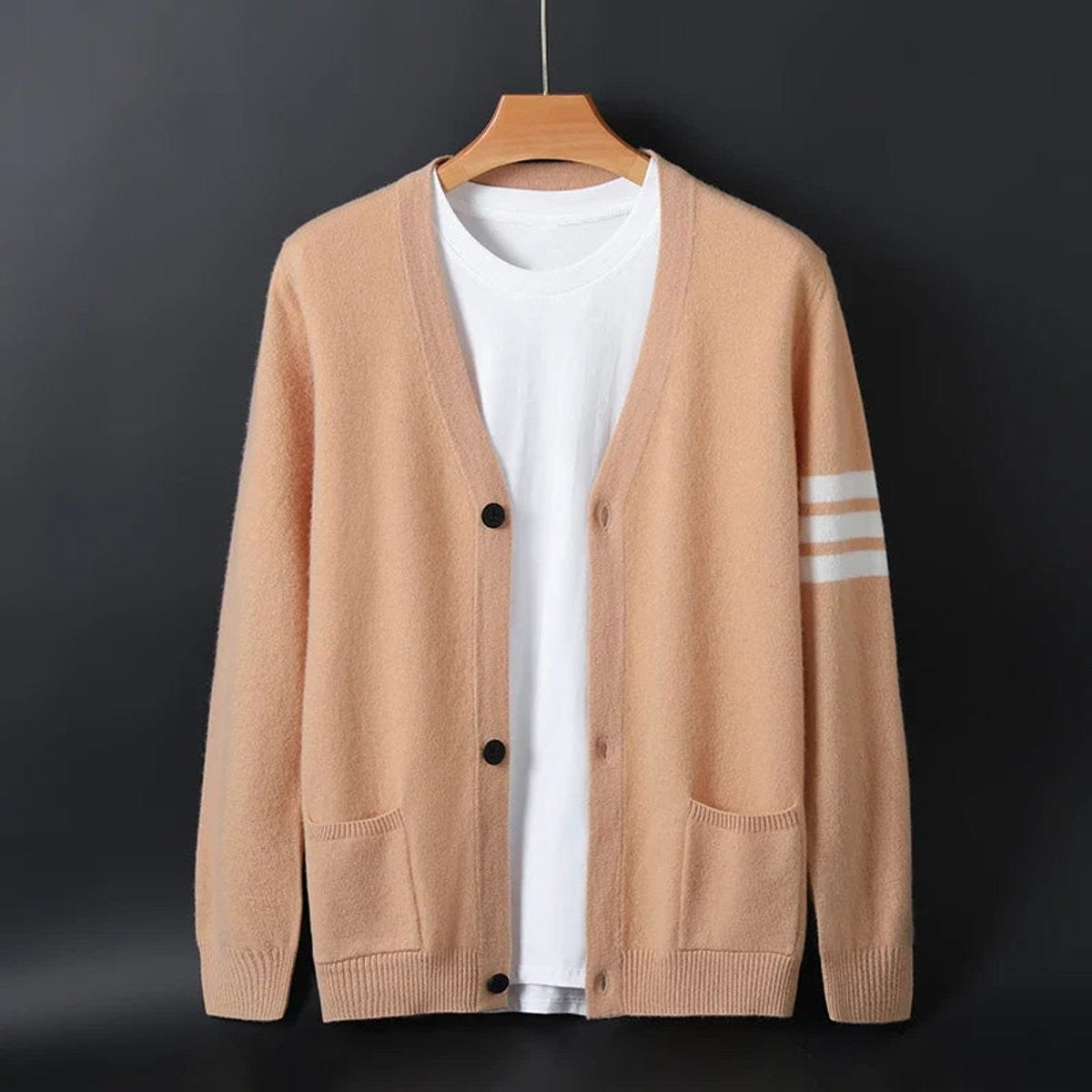 Camel knitted cardigan jumper featuring striped sleeve and patch pockets