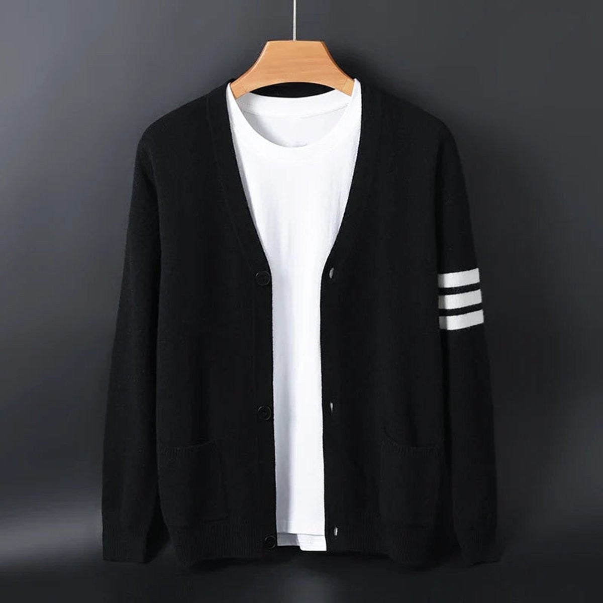 Black button-front cardigan jumper with white sleeve stripes and pockets