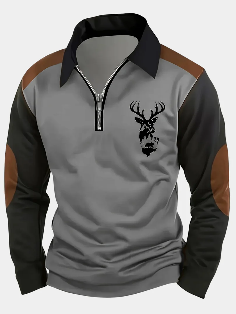 Grey colour-block quarter-zip polo jumper with deer print and elbow patches