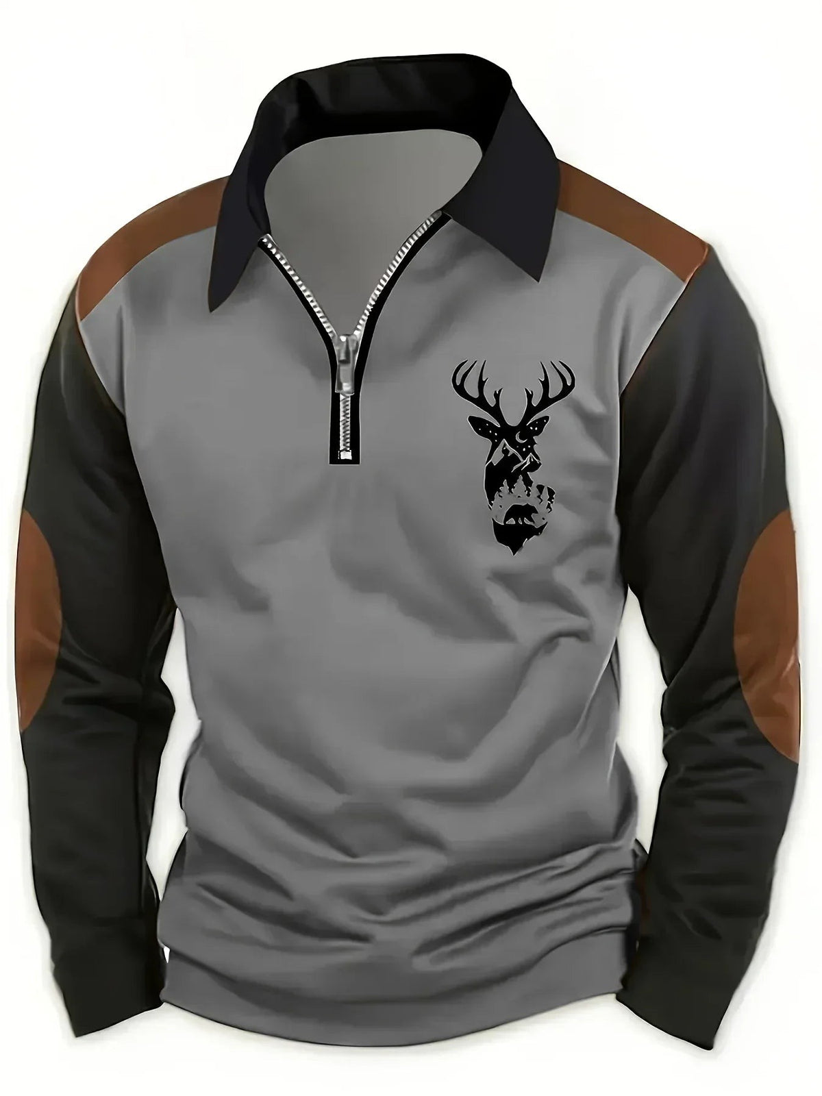 Grey long-sleeve quarter-zip polo top featuring deer graphic and tan panels