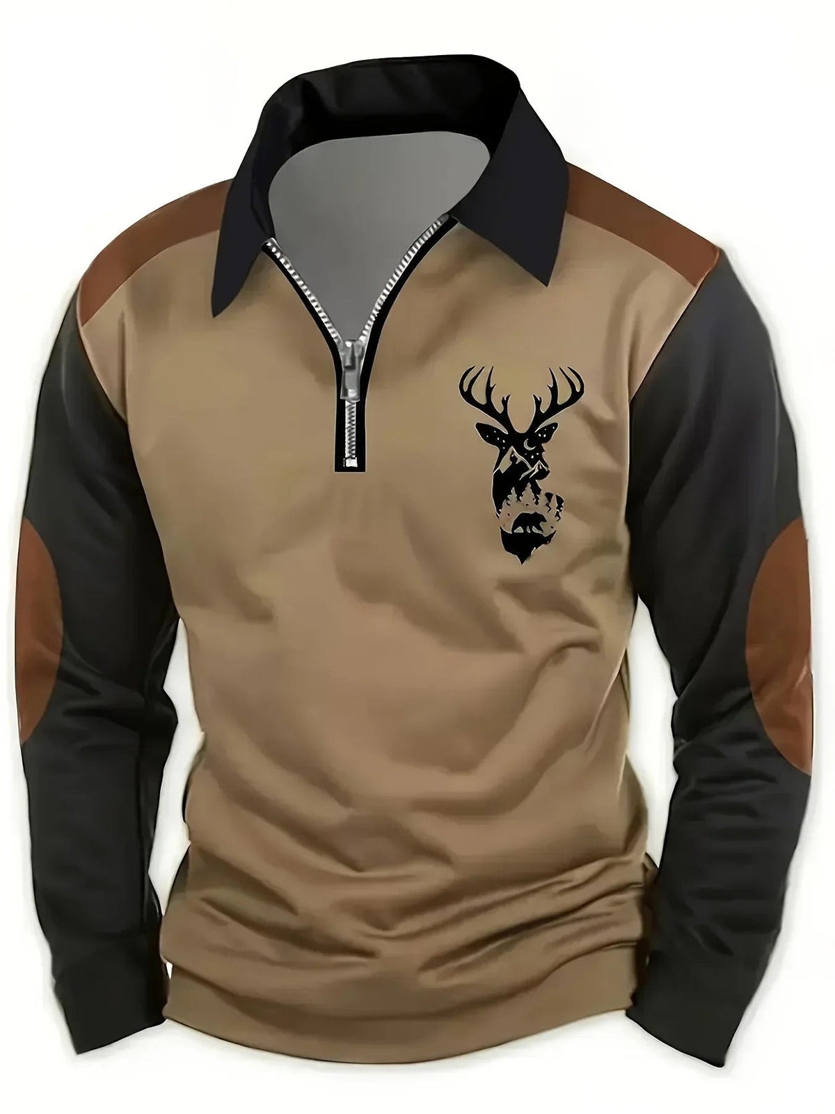 Khaki quarter-zip polo jumper with black sleeves and stag print detail