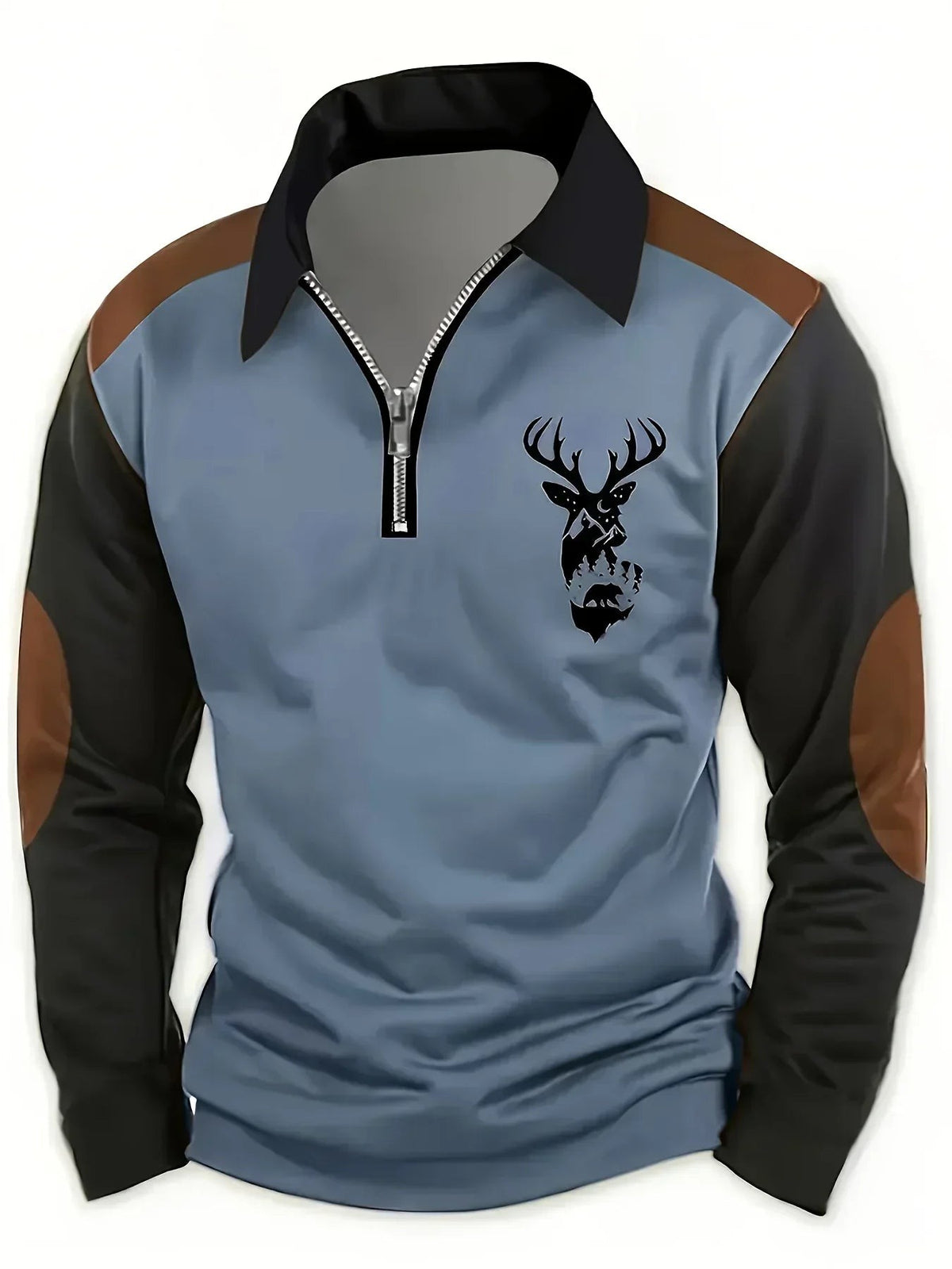 Slate blue quarter-zip polo top with contrast collar and deer motif