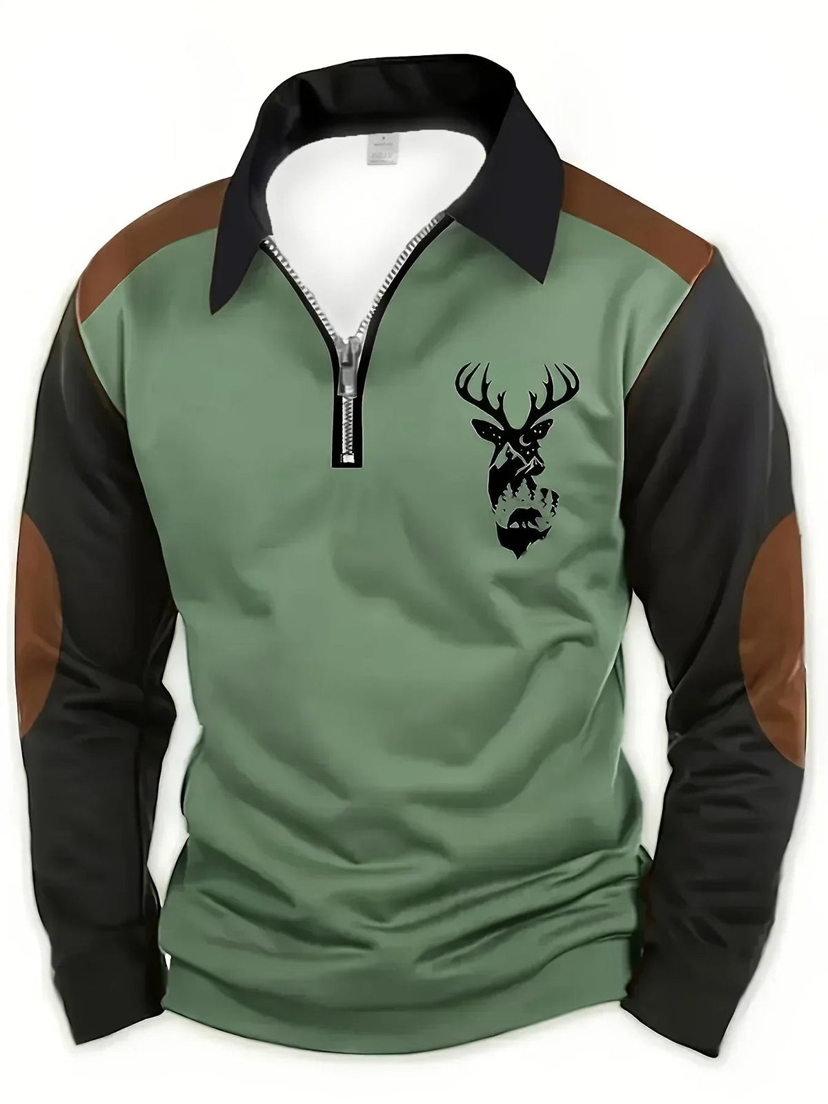 Sage green quarter-zip polo jumper with black sleeves and stag graphic