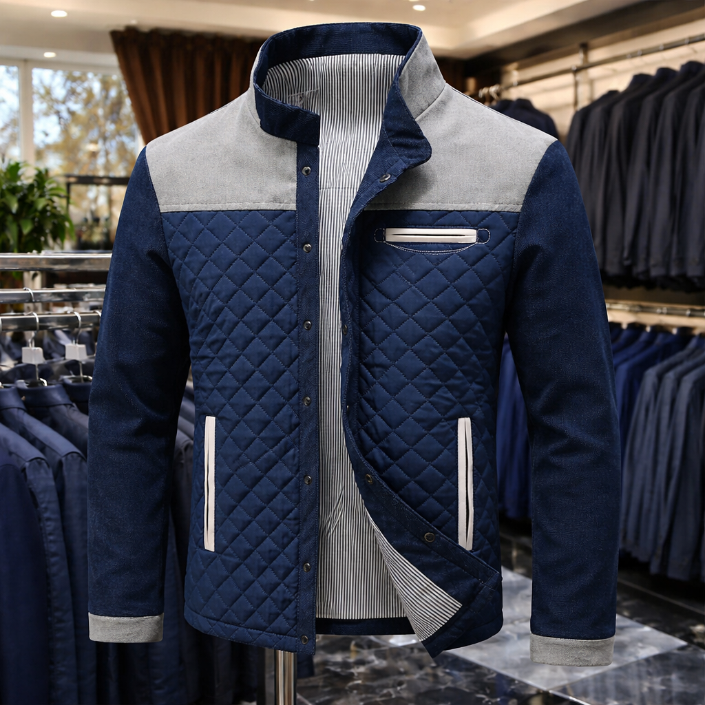 Navy diamond-quilted jacket with contrast grey panelling displayed on mannequin