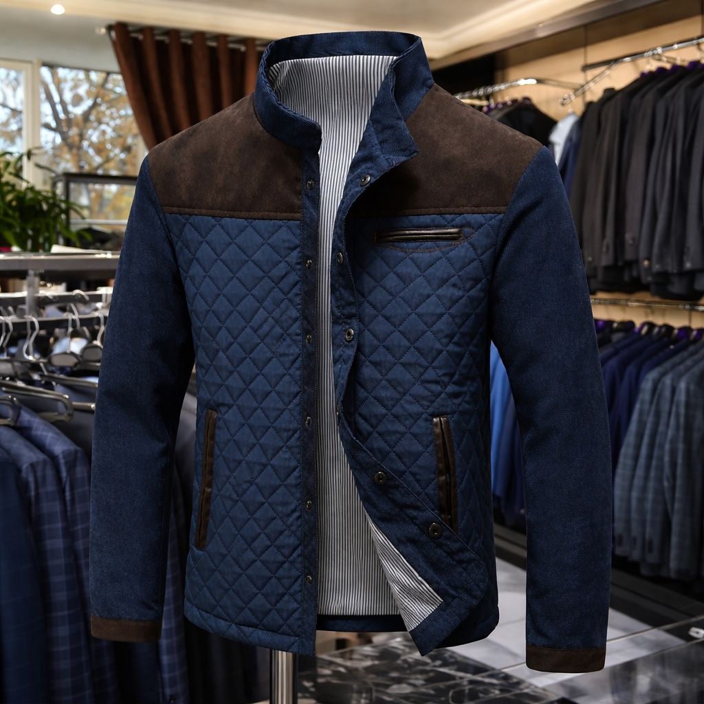 Navy quilted jacket with brown suede shoulder panels shown on tailor's dummy