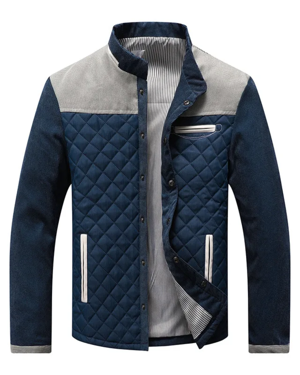 Men's navy quilted jacket with grey panels and striped inner lining