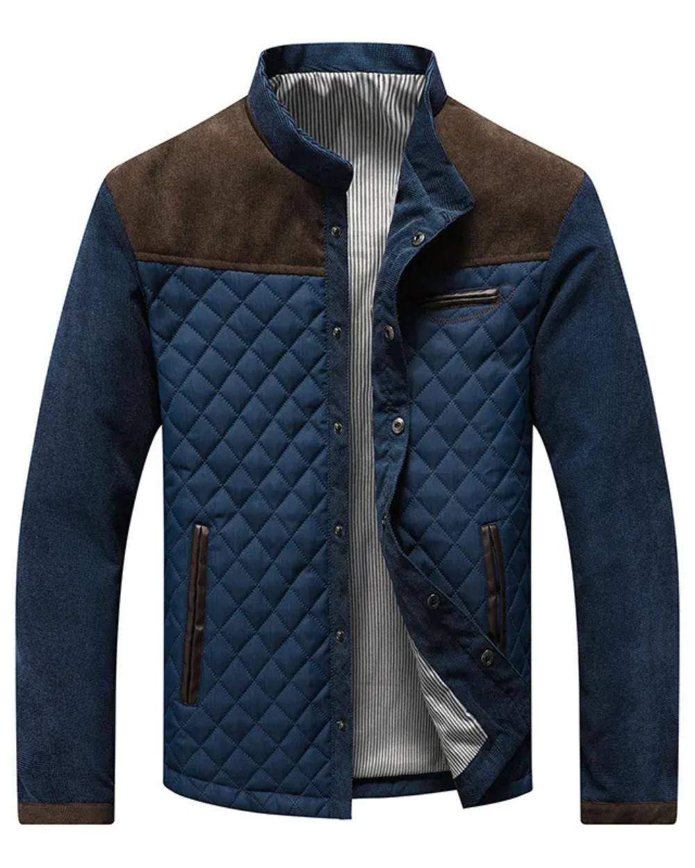 Navy quilted jacket featuring brown suede trim and stand-up collar