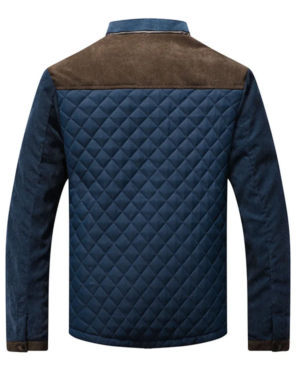 Rear view of navy quilted jacket with brown shoulder panelling