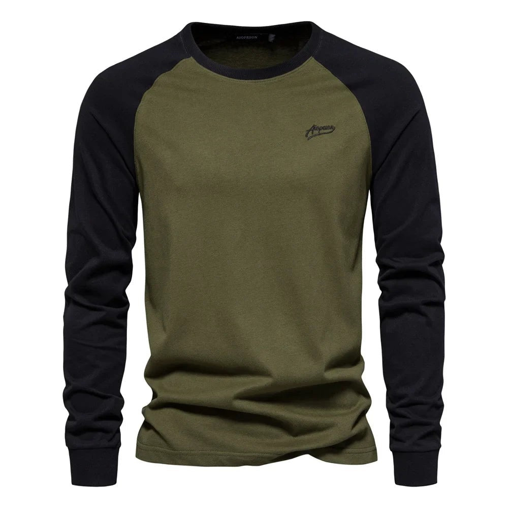 Men's khaki raglan T-shirt with black long sleeves and embroidered logo