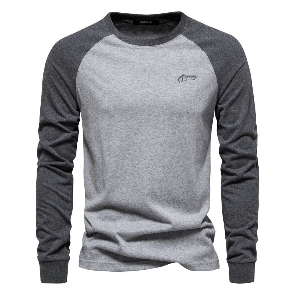 Grey marl raglan long sleeve top with contrasting charcoal sleeves
