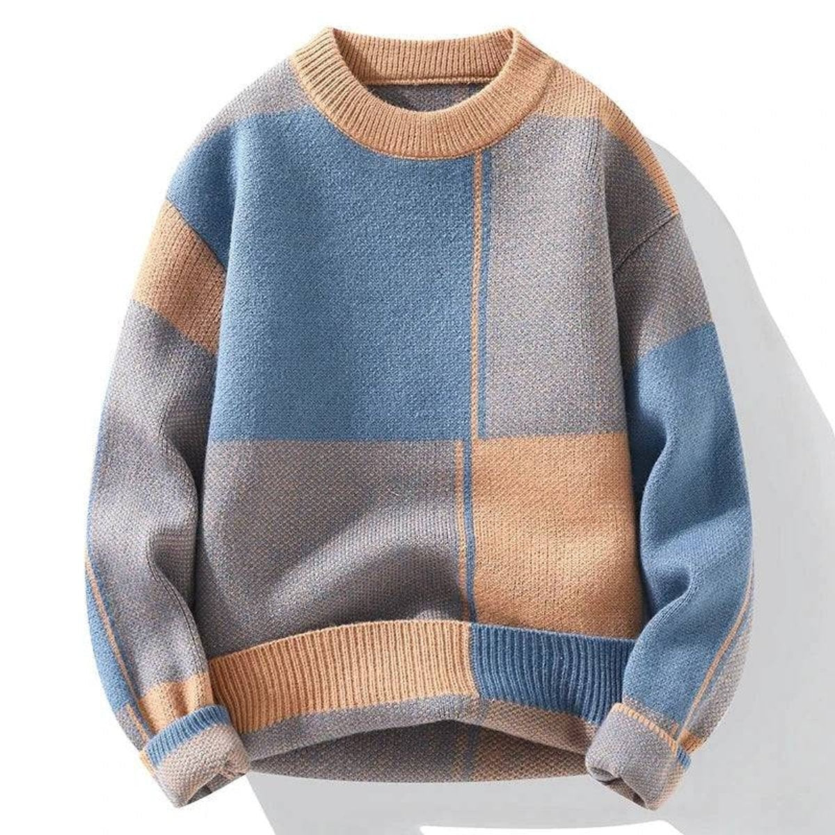 Colour block knitted jumper in blue, grey and tan tones