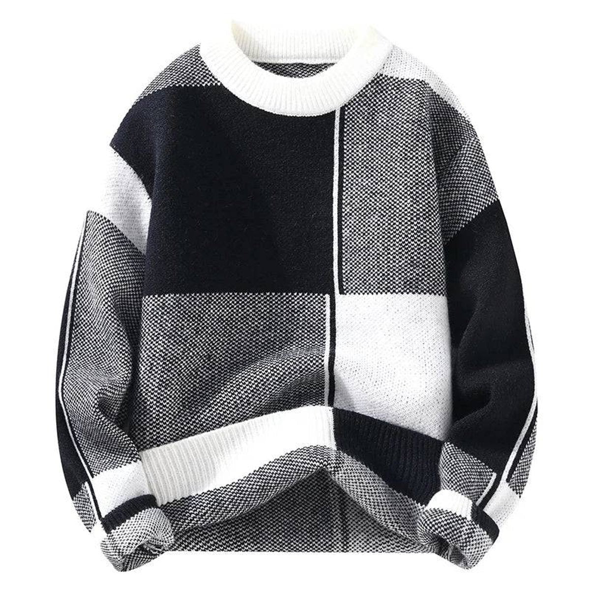Black and white colour block crew neck knitted jumper