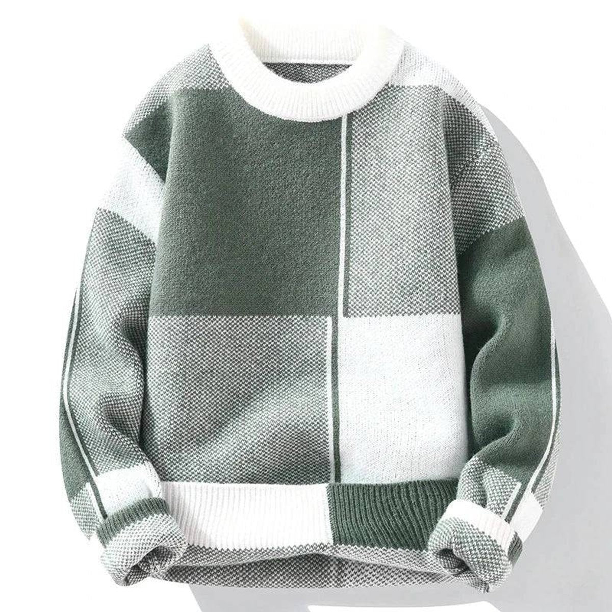 Sage green and white colour block relaxed fit knitted jumper