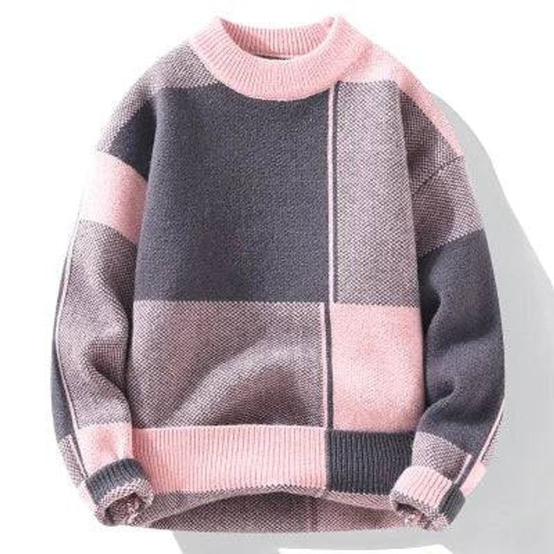 Pink and grey colour block knitted crew neck pullover