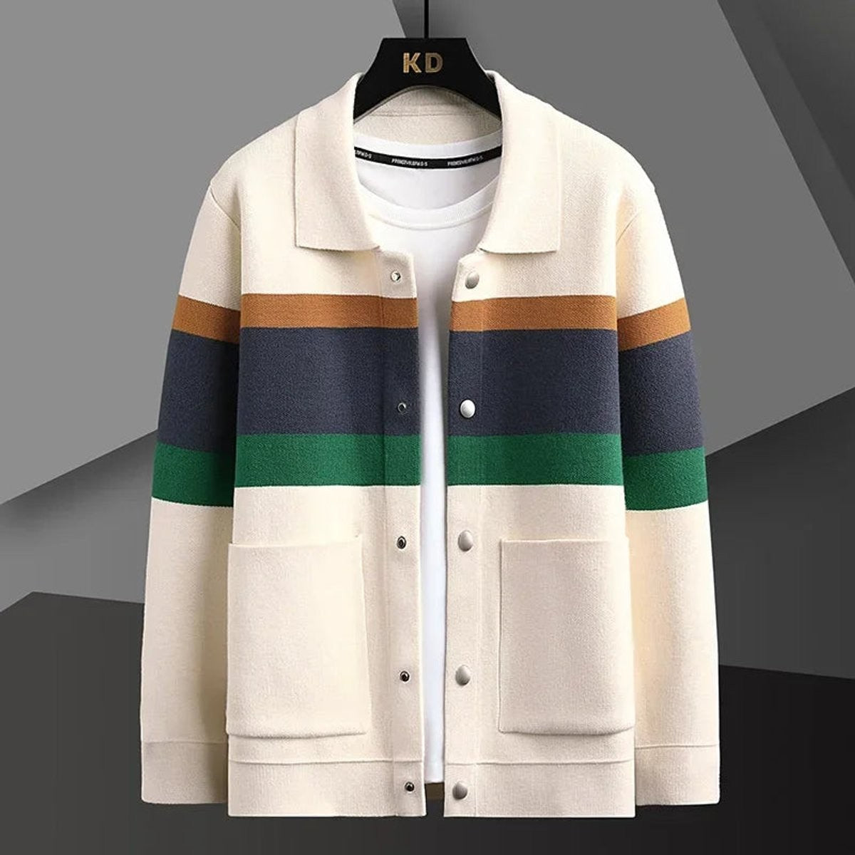 Cream knit cardigan jacket with striped colour-block detailing and button front
