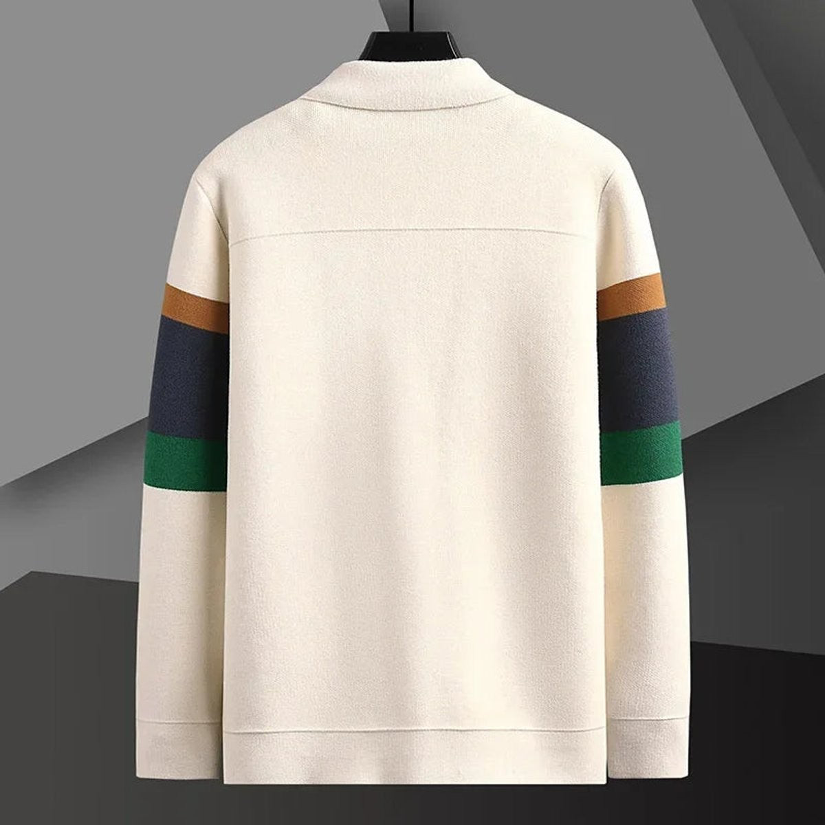 Rear view of cream striped knit cardigan showing sleeve stripe detailing