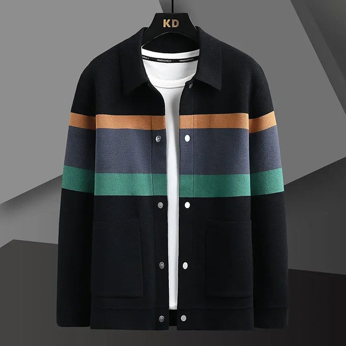 Black striped button-front knit cardigan with contrasting orange, grey and green bands