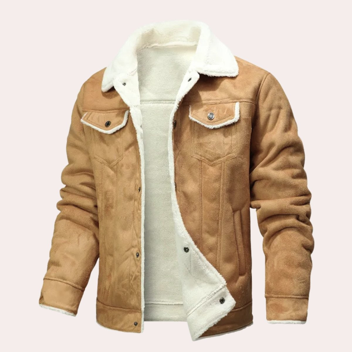 Tan suede-effect jacket with cream shearling lining and fleece collar