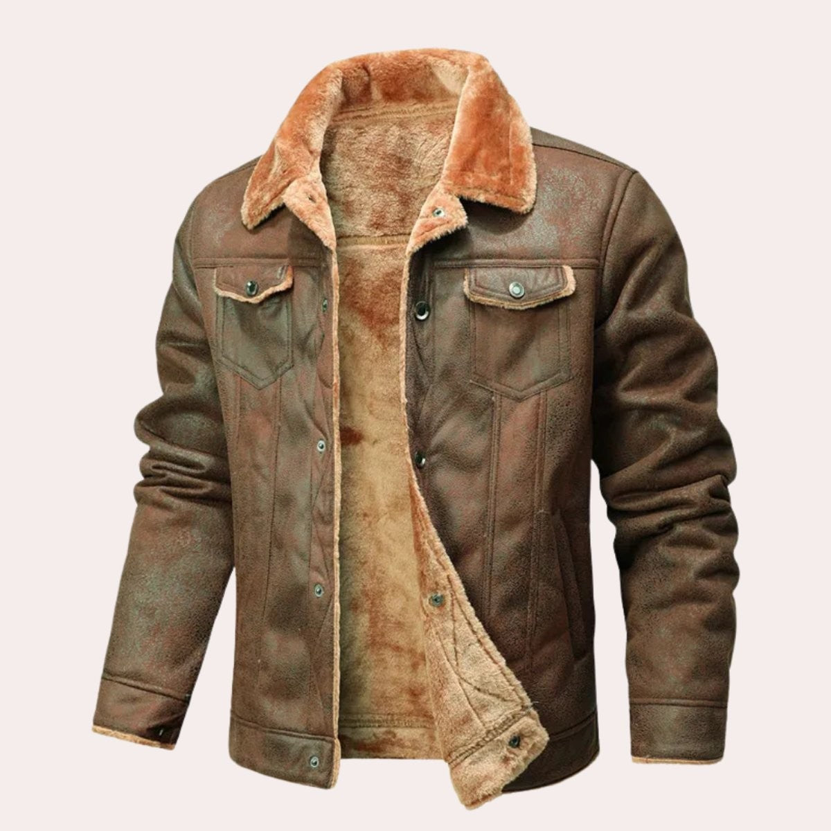 Brown suede-effect jacket featuring rustic finish and tan shearling collar
