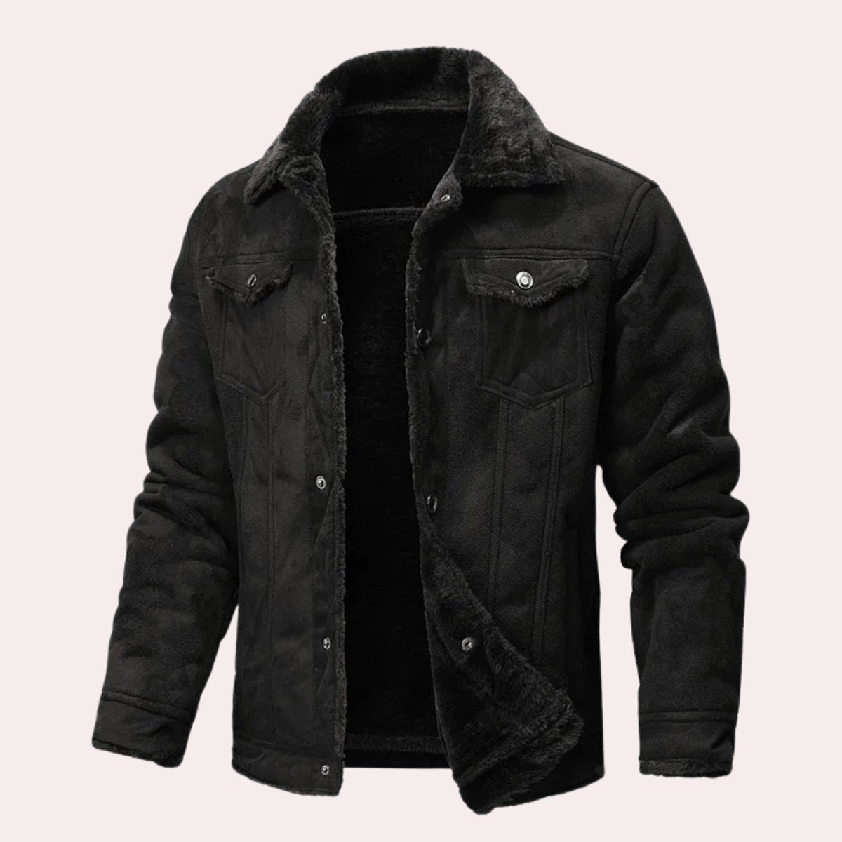 Black suede-effect jacket with fleece collar and shearling-lined interior
