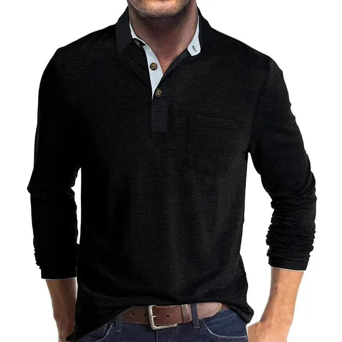 Black long-sleeve polo shirt with contrast white button placket and chest pocket