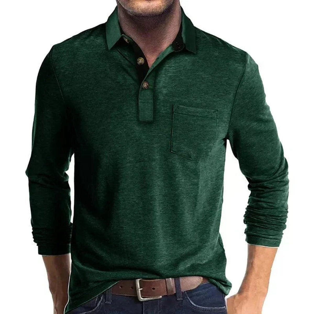 Forest green long-sleeve polo shirt with contrast collar and button placket