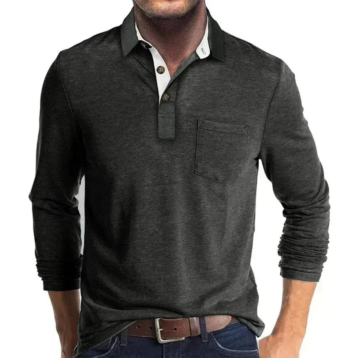 Charcoal grey long-sleeve polo shirt with contrasting white placket detail