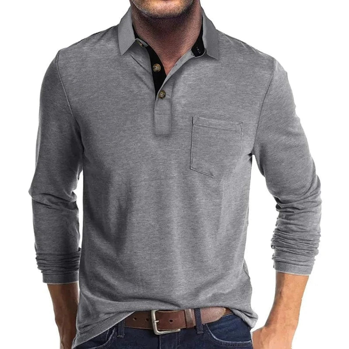 Light grey long-sleeve polo shirt with contrast black collar and pocket